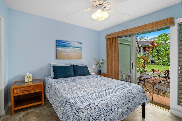 bedroom featuring ceiling fan, access to outside, and tile floors