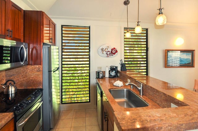 kitchen with appliances with stainless steel finishes, plenty of natural light, sink, and pendant lighting