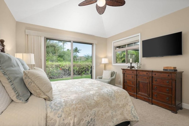 bedroom with ceiling fan, access to exterior, vaulted ceiling, and light carpet