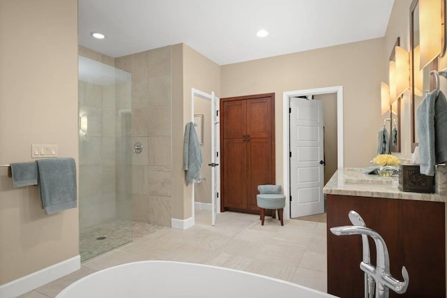 bathroom with vanity and plus walk in shower