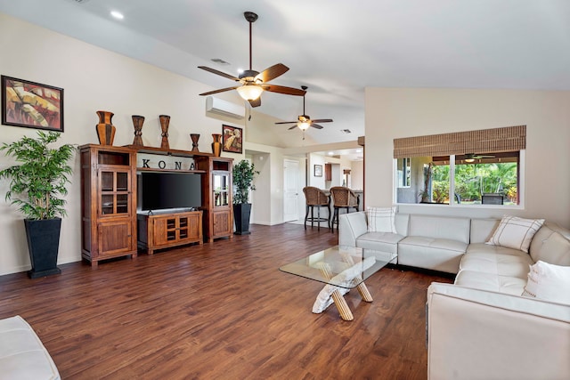 living room featuring an AC wall unit, ceiling fan, vaulted ceiling, and dark wood-type flooring