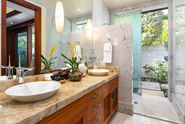 bathroom featuring tile floors and double vanity