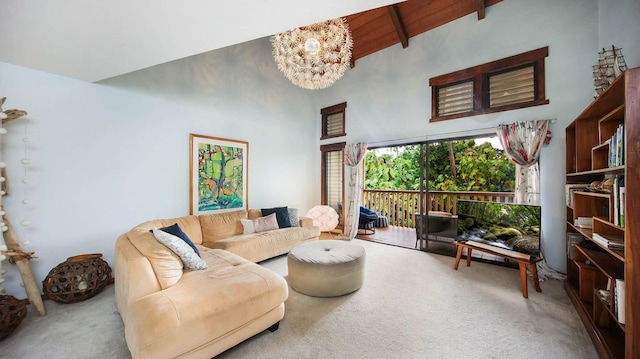 living room with a notable chandelier, beam ceiling, wood ceiling, high vaulted ceiling, and carpet floors