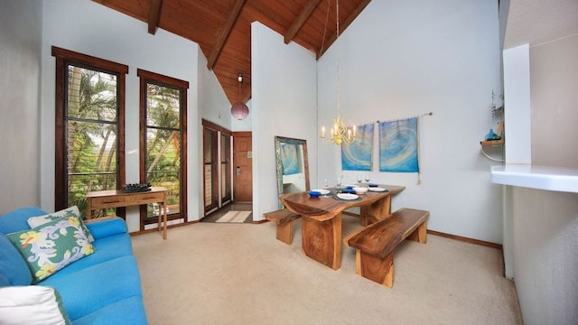 carpeted home office featuring a chandelier, high vaulted ceiling, wooden ceiling, baseboards, and beamed ceiling