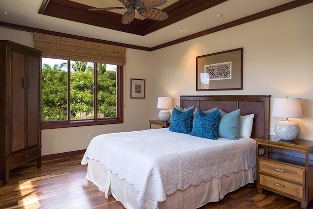 bedroom featuring a raised ceiling, ceiling fan, and dark wood-type flooring