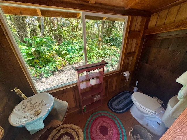 bathroom with wooden walls