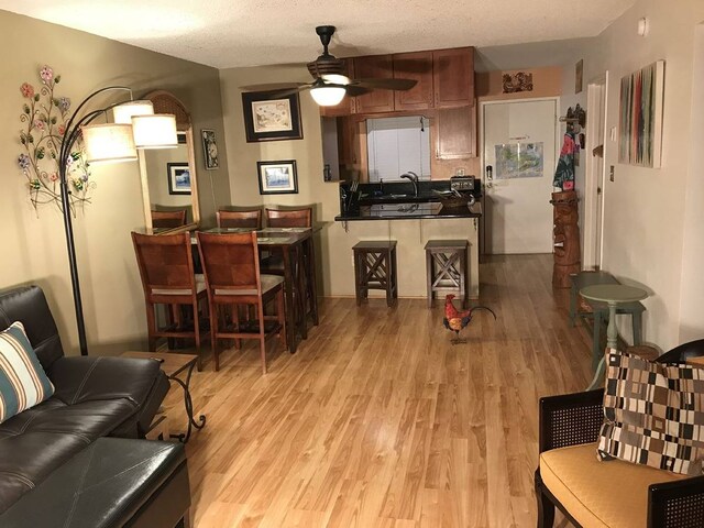 living room featuring ceiling fan, light wood-type flooring, and sink