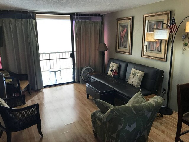 living room with a textured ceiling and light hardwood / wood-style floors