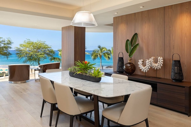 dining space featuring plenty of natural light, light hardwood / wood-style floors, and a water view