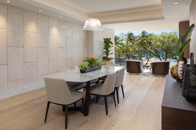 dining area featuring a raised ceiling and light hardwood / wood-style floors