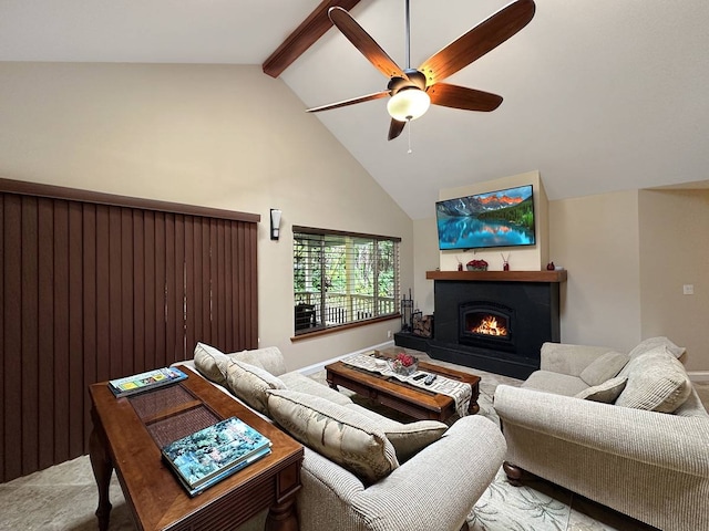 living room featuring ceiling fan, carpet floors, beam ceiling, and high vaulted ceiling