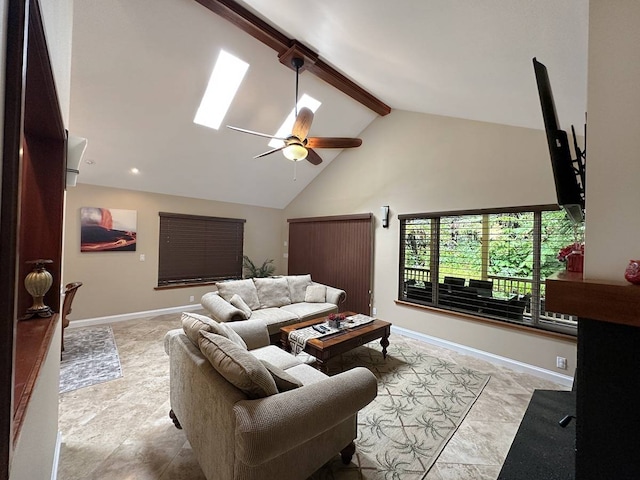 tiled living room with a skylight, beam ceiling, high vaulted ceiling, and ceiling fan