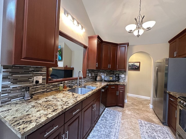 kitchen featuring decorative light fixtures, light tile floors, sink, backsplash, and an inviting chandelier