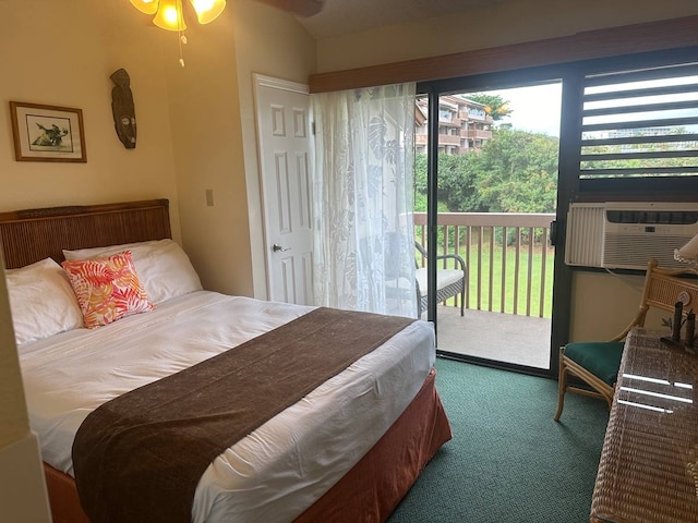 carpeted bedroom featuring ceiling fan, access to exterior, and vaulted ceiling