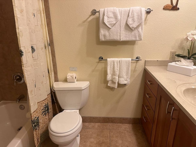 full bathroom with vanity, tile flooring, toilet, and shower / bath combination with curtain