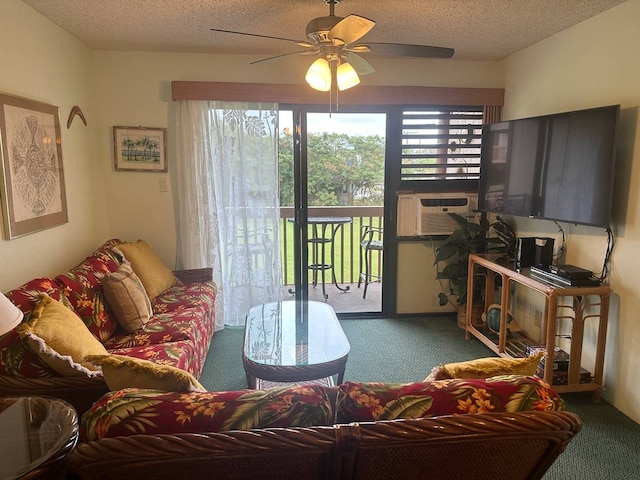 living room featuring ceiling fan, dark colored carpet, and a textured ceiling