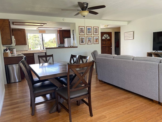 dining room featuring ceiling fan and light wood-type flooring