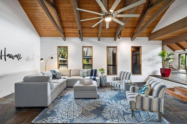 living area with vaulted ceiling with beams, ceiling fan, wooden ceiling, stone tile floors, and wood walls