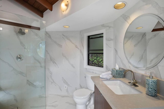 full bathroom with toilet, a marble finish shower, tile walls, and vanity