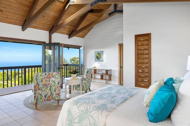 tiled bedroom featuring access to exterior, wooden ceiling, beamed ceiling, and high vaulted ceiling