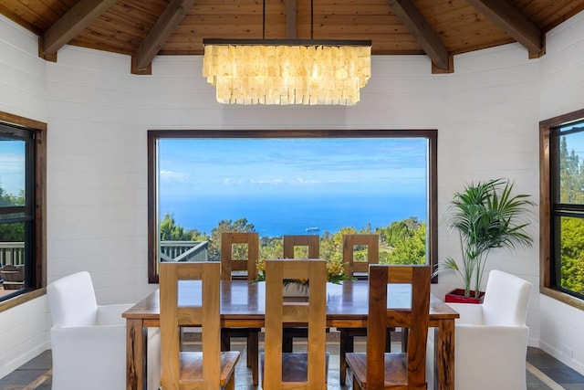 dining room with a chandelier, wooden ceiling, a healthy amount of sunlight, and beamed ceiling