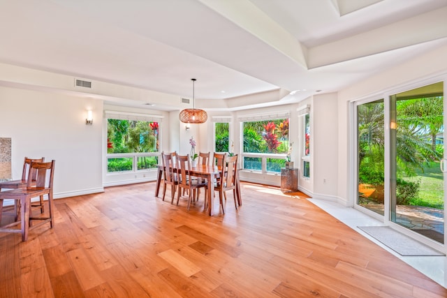 dining area with light wood-type flooring, a raised ceiling, and a wealth of natural light