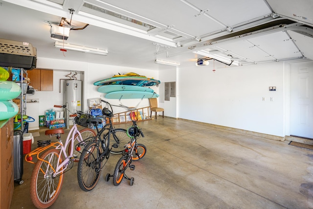 garage with electric panel, a garage door opener, and water heater