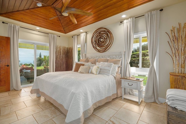 tiled bedroom with ceiling fan, multiple windows, access to exterior, and wooden ceiling