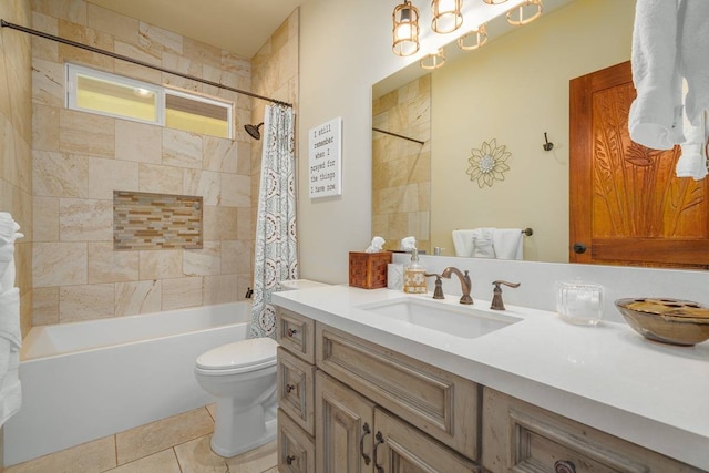 full bathroom featuring shower / tub combo, tile floors, toilet, and vanity