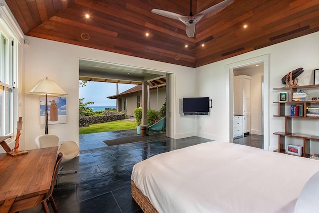 bedroom with access to exterior, vaulted ceiling, ceiling fan, and wood ceiling