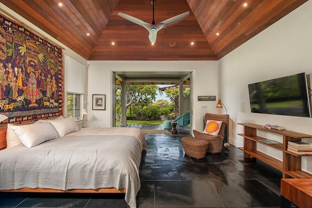 bedroom with access to outside, high vaulted ceiling, ceiling fan, and wooden ceiling