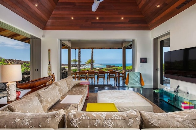 living room featuring tile patterned flooring, vaulted ceiling, and wood ceiling