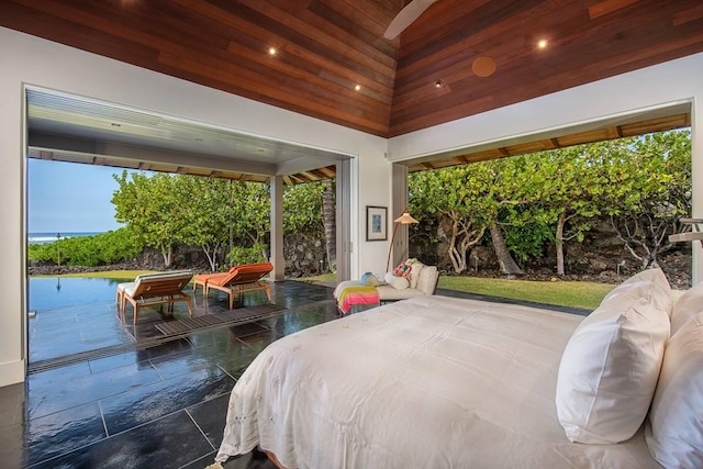 bedroom with wood ceiling and high vaulted ceiling