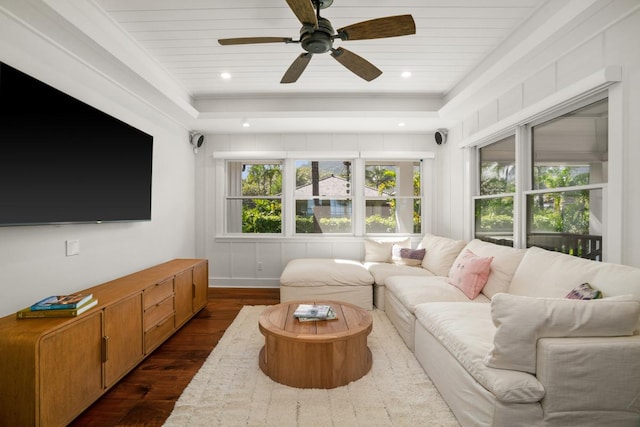 living room with a tray ceiling, a wealth of natural light, ceiling fan, and dark wood-type flooring