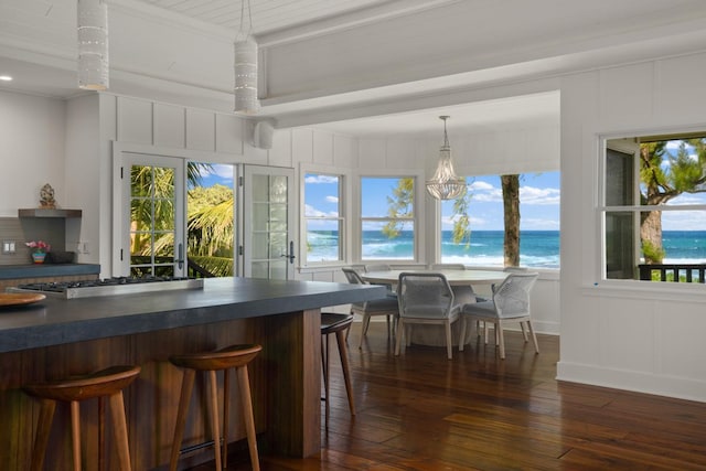 kitchen featuring a healthy amount of sunlight, dark wood-type flooring, a water view, and hanging light fixtures