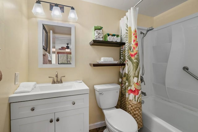 full bathroom featuring shower / tub combo, oversized vanity, and toilet