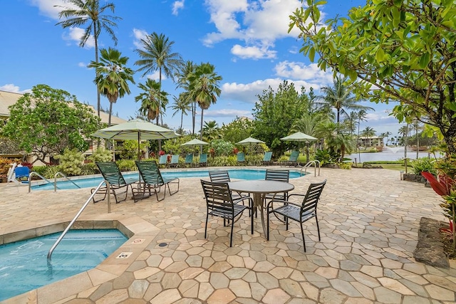 view of patio with a swimming pool with hot tub