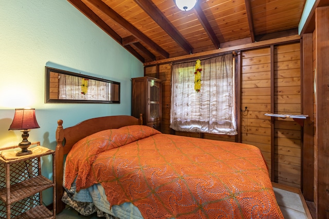 bedroom featuring wood ceiling and lofted ceiling with beams