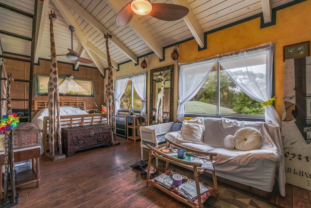 bedroom featuring vaulted ceiling with beams, multiple windows, ceiling fan, and dark hardwood / wood-style floors