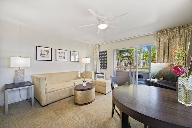 living room featuring light colored carpet and ceiling fan