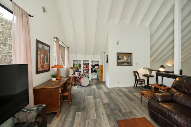 living room with beamed ceiling, high vaulted ceiling, and dark wood-type flooring