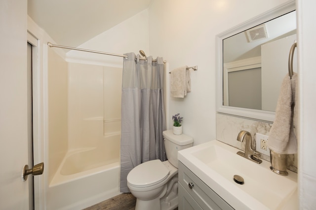 full bathroom with shower / bathtub combination with curtain, wood-type flooring, vanity, and toilet