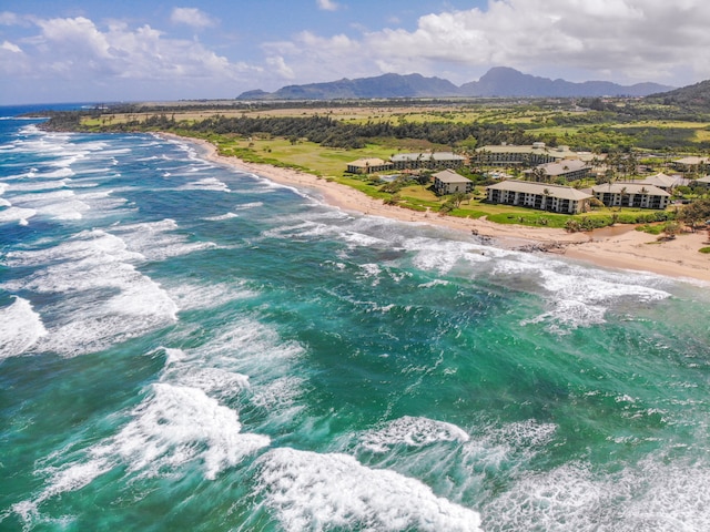 bird's eye view featuring a water and mountain view