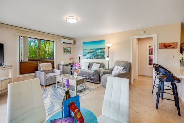 living room with a wall unit AC and light tile flooring