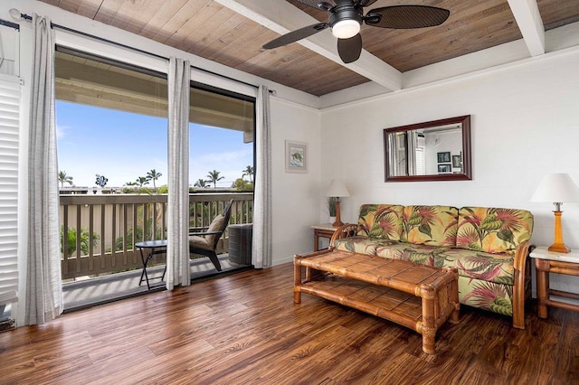 living room with wood ceiling, dark hardwood / wood-style floors, ceiling fan, and beamed ceiling