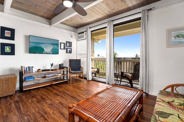 living room with wood ceiling, dark hardwood / wood-style floors, beam ceiling, and ceiling fan