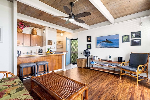 living room featuring dark hardwood / wood-style floors, ceiling fan, beamed ceiling, and wooden ceiling