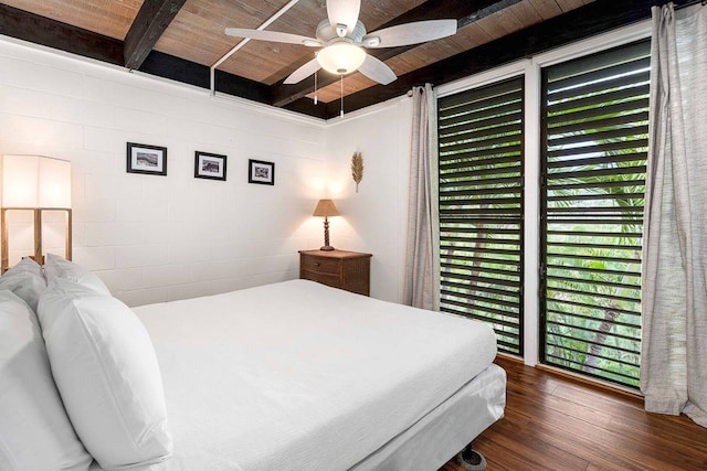 bedroom with wooden ceiling, beam ceiling, ceiling fan, and dark wood-type flooring