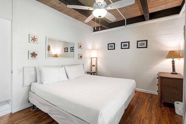 bedroom featuring dark hardwood / wood-style flooring, ceiling fan, beam ceiling, and wood ceiling