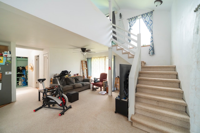 exercise area featuring plenty of natural light, carpet flooring, and ceiling fan